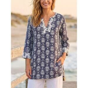 Sigrid Olsen Linen Tunic Blouse Navy White Boho Coastal L